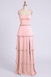 Dusty Sage Thick Straps Satin A-Line Ruffled Long Bridesmaid Dress with Slit