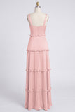 Dusty Sage Thick Straps Satin A-Line Ruffled Long Bridesmaid Dress with Slit