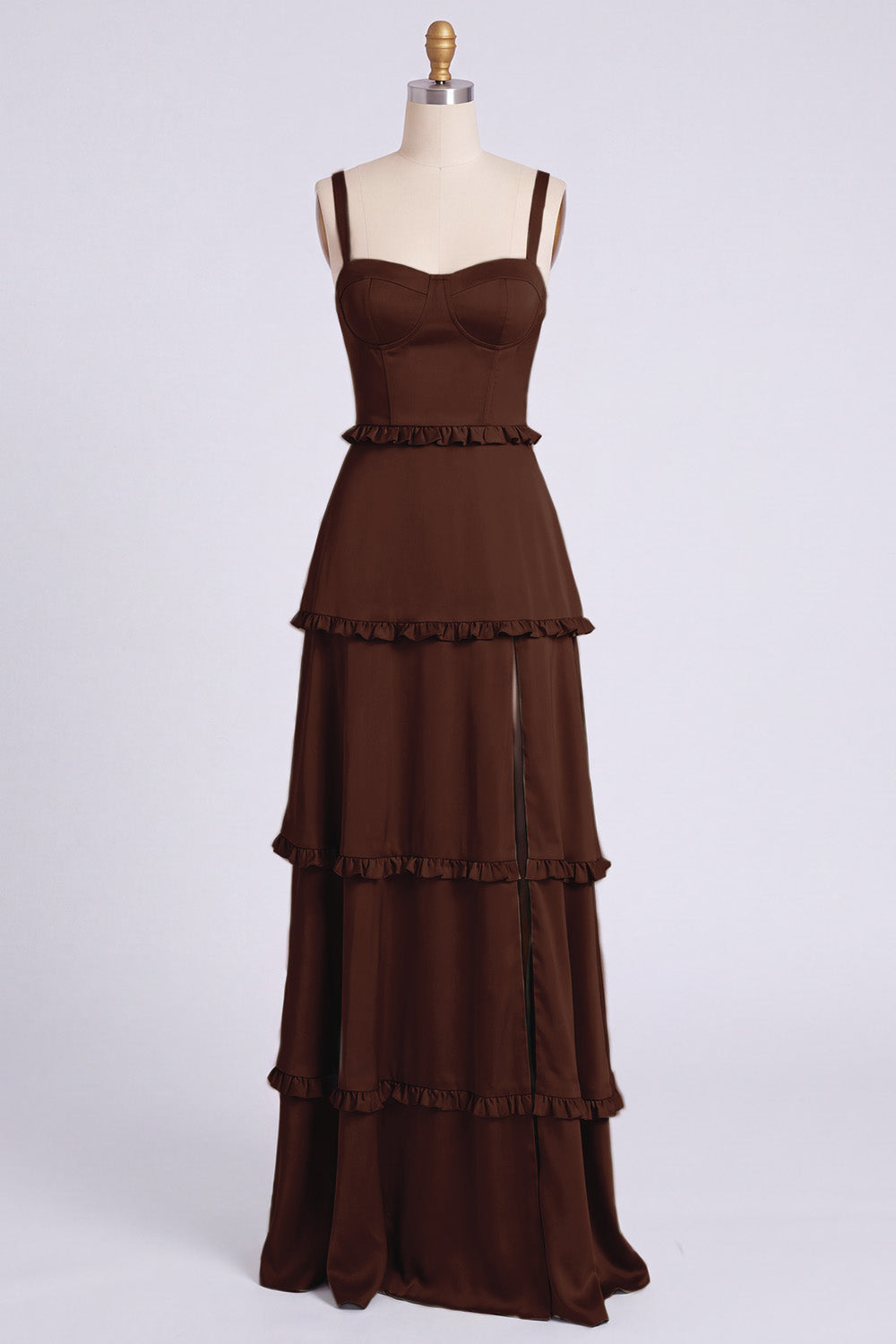 Dusty Sage Thick Straps Satin A-Line Ruffled Long Bridesmaid Dress with Slit