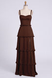Dusty Sage Thick Straps Satin A-Line Ruffled Long Bridesmaid Dress with Slit