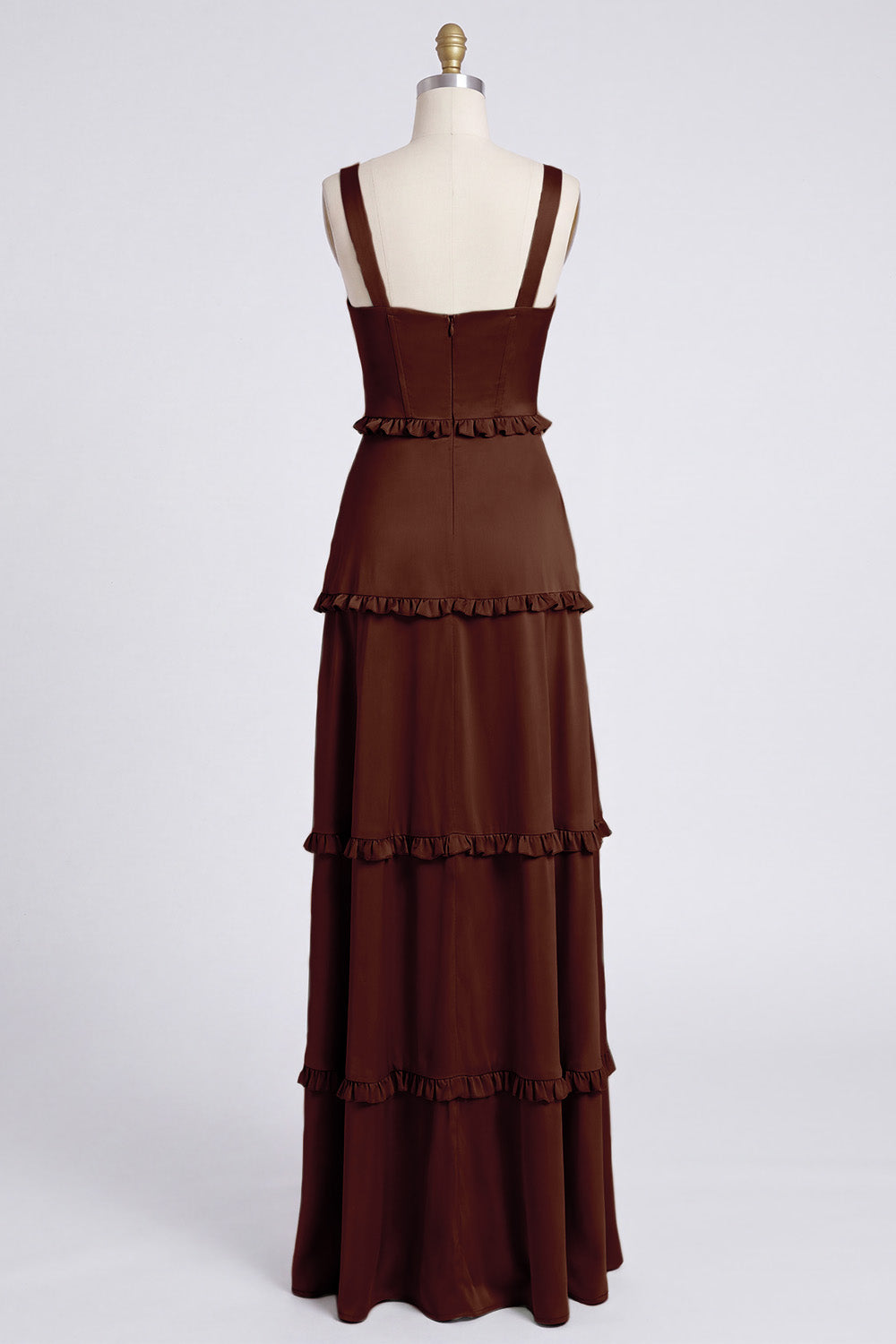 Dusty Sage Thick Straps Satin A-Line Ruffled Long Bridesmaid Dress with Slit
