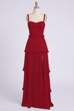Dusty Sage Thick Straps Satin A-Line Ruffled Long Bridesmaid Dress with Slit
