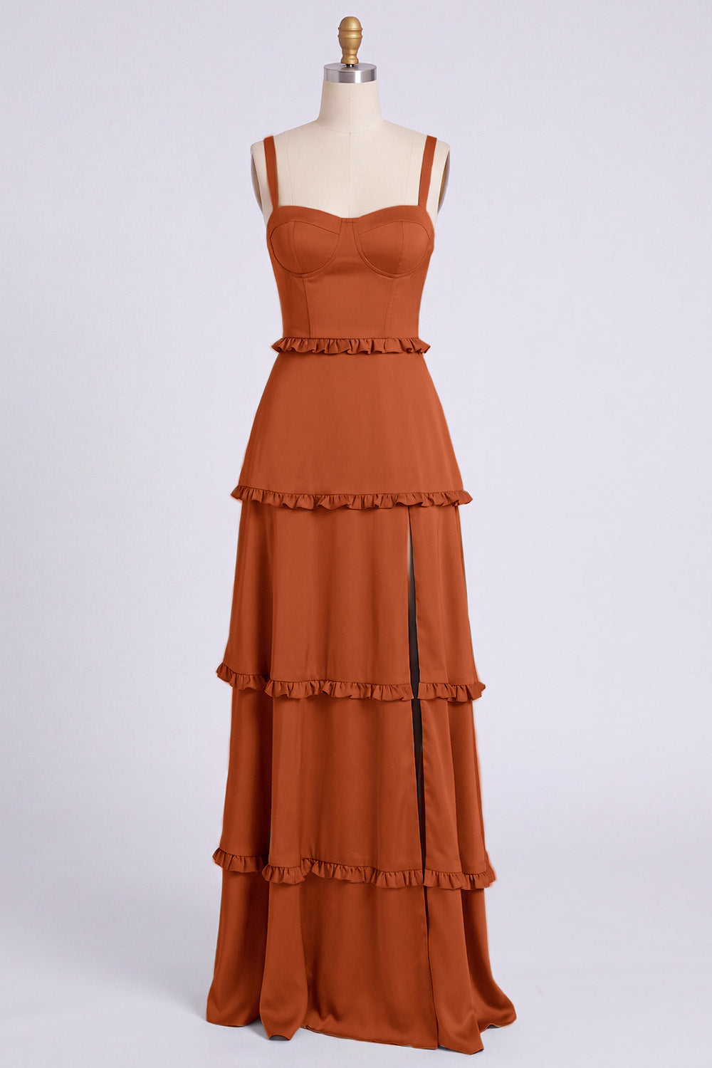 Dusty Sage Thick Straps Satin A-Line Ruffled Long Bridesmaid Dress with Slit