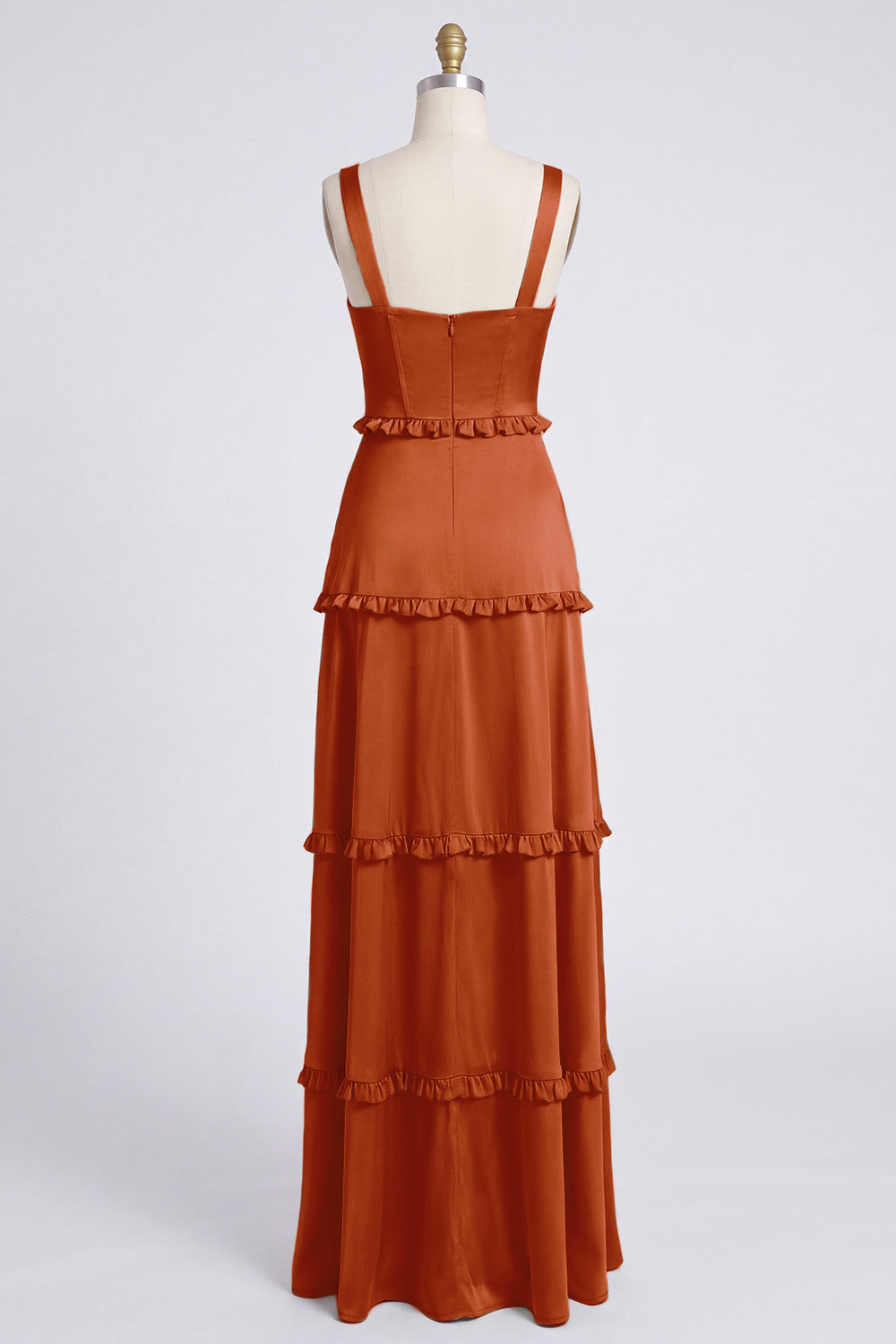 Dusty Sage Thick Straps Satin A-Line Ruffled Long Bridesmaid Dress with Slit