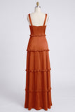 Dusty Sage Thick Straps Satin A-Line Ruffled Long Bridesmaid Dress with Slit
