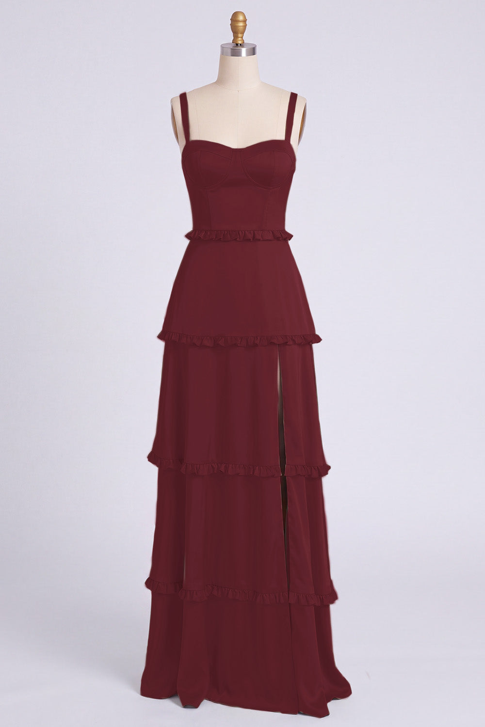 Dusty Sage Thick Straps Satin A-Line Ruffled Long Bridesmaid Dress with Slit