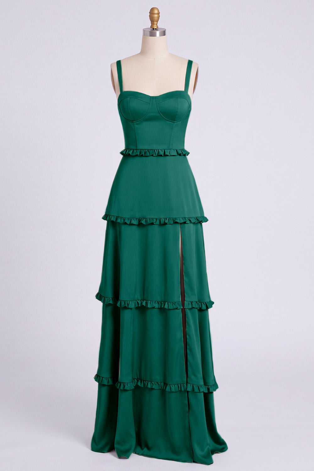 Dusty Sage Thick Straps Satin A-Line Ruffled Long Bridesmaid Dress with Slit