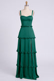 Dusty Sage Thick Straps Satin A-Line Ruffled Long Bridesmaid Dress with Slit