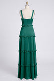 Dusty Sage Thick Straps Satin A-Line Ruffled Long Bridesmaid Dress with Slit