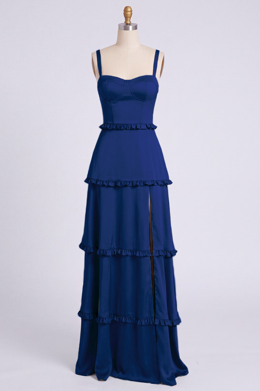 Dusty Sage Thick Straps Satin A-Line Ruffled Long Bridesmaid Dress with Slit