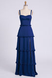Dusty Sage Thick Straps Satin A-Line Ruffled Long Bridesmaid Dress with Slit