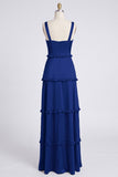 Dusty Sage Thick Straps Satin A-Line Ruffled Long Bridesmaid Dress with Slit