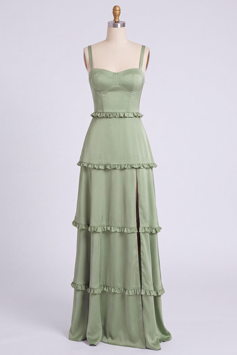 Dusty Sage Thick Straps Satin A-Line Ruffled Long Bridesmaid Dress with Slit