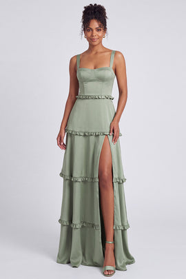 Dusty Sage Thick Straps Satin A-Line Ruffled Long Bridesmaid Dress with Slit