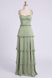 Dusty Sage Thick Straps Satin A-Line Ruffled Long Bridesmaid Dress with Slit