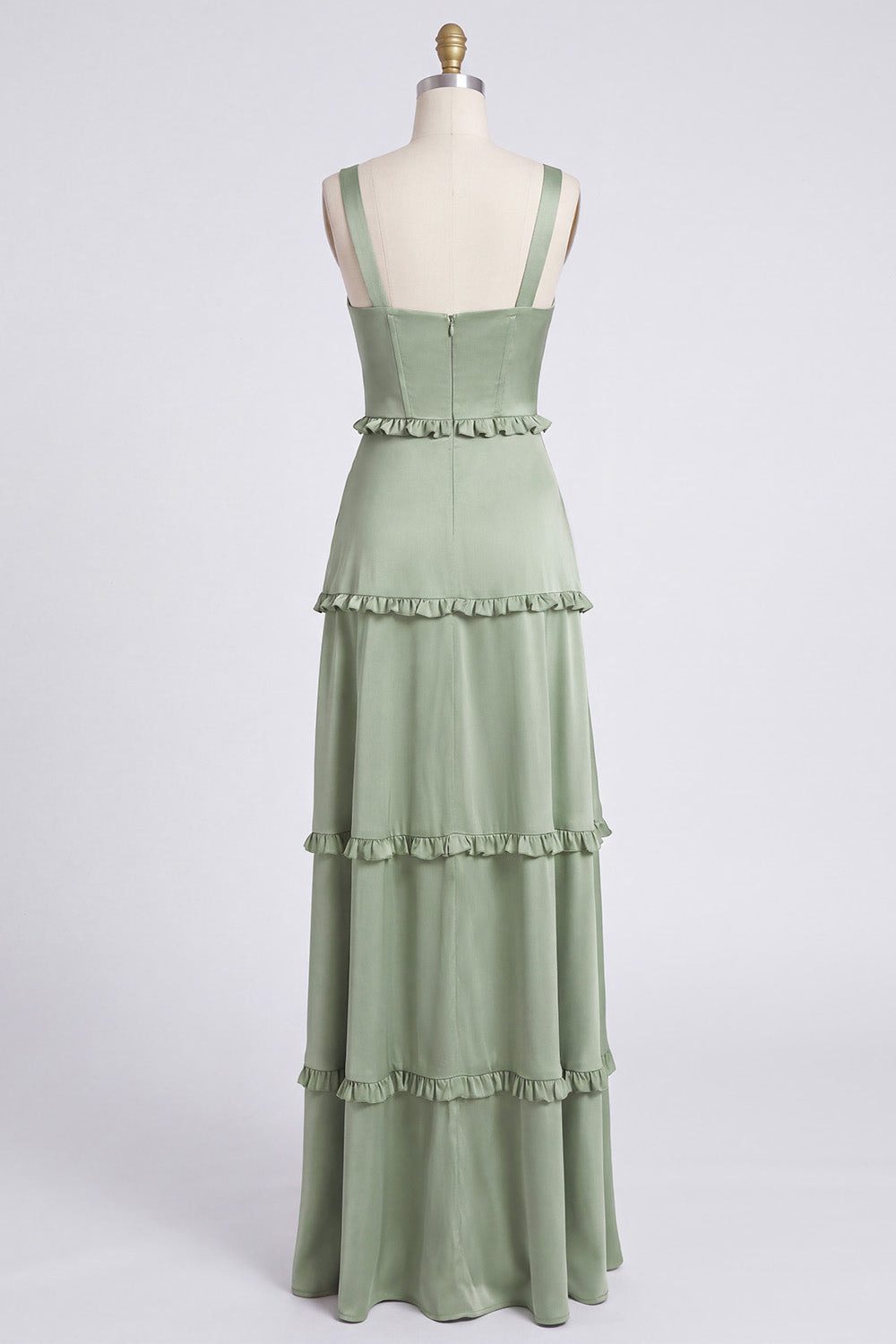 Dusty Sage Thick Straps Satin A-Line Ruffled Long Bridesmaid Dress with Slit