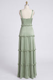 Dusty Sage Thick Straps Satin A-Line Ruffled Long Bridesmaid Dress with Slit
