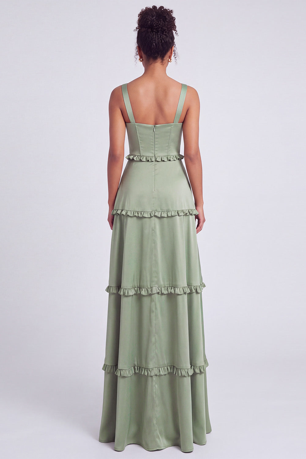 Dusty Sage Thick Straps Satin A-Line Ruffled Long Bridesmaid Dress with Slit
