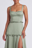 Dusty Sage Thick Straps Satin A-Line Ruffled Long Bridesmaid Dress with Slit