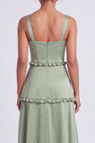 Dusty Sage Thick Straps Satin A-Line Ruffled Long Bridesmaid Dress with Slit
