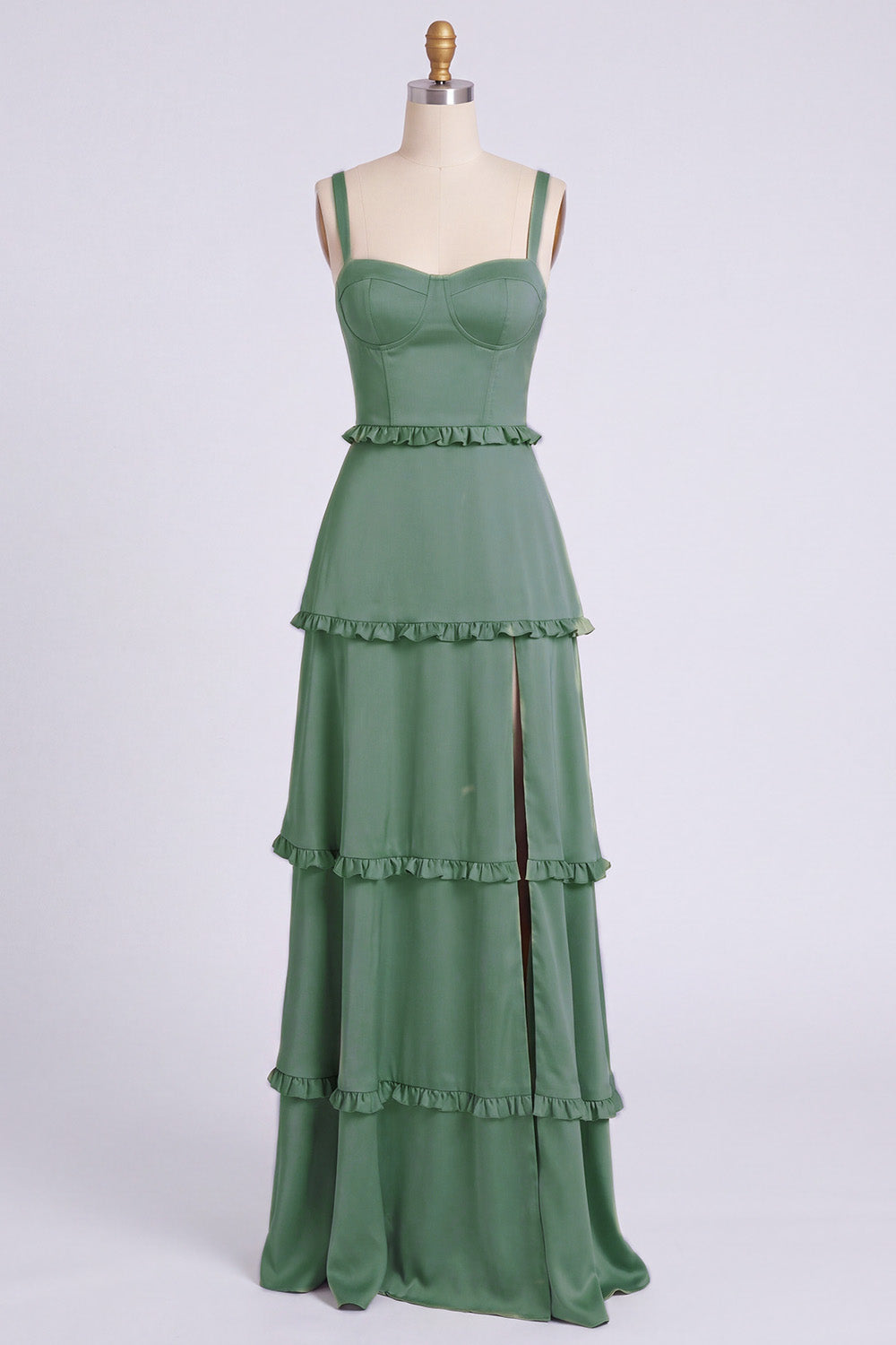 Dusty Sage Thick Straps Satin A-Line Ruffled Long Bridesmaid Dress with Slit