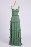Dusty Sage Thick Straps Satin A-Line Ruffled Long Bridesmaid Dress with Slit