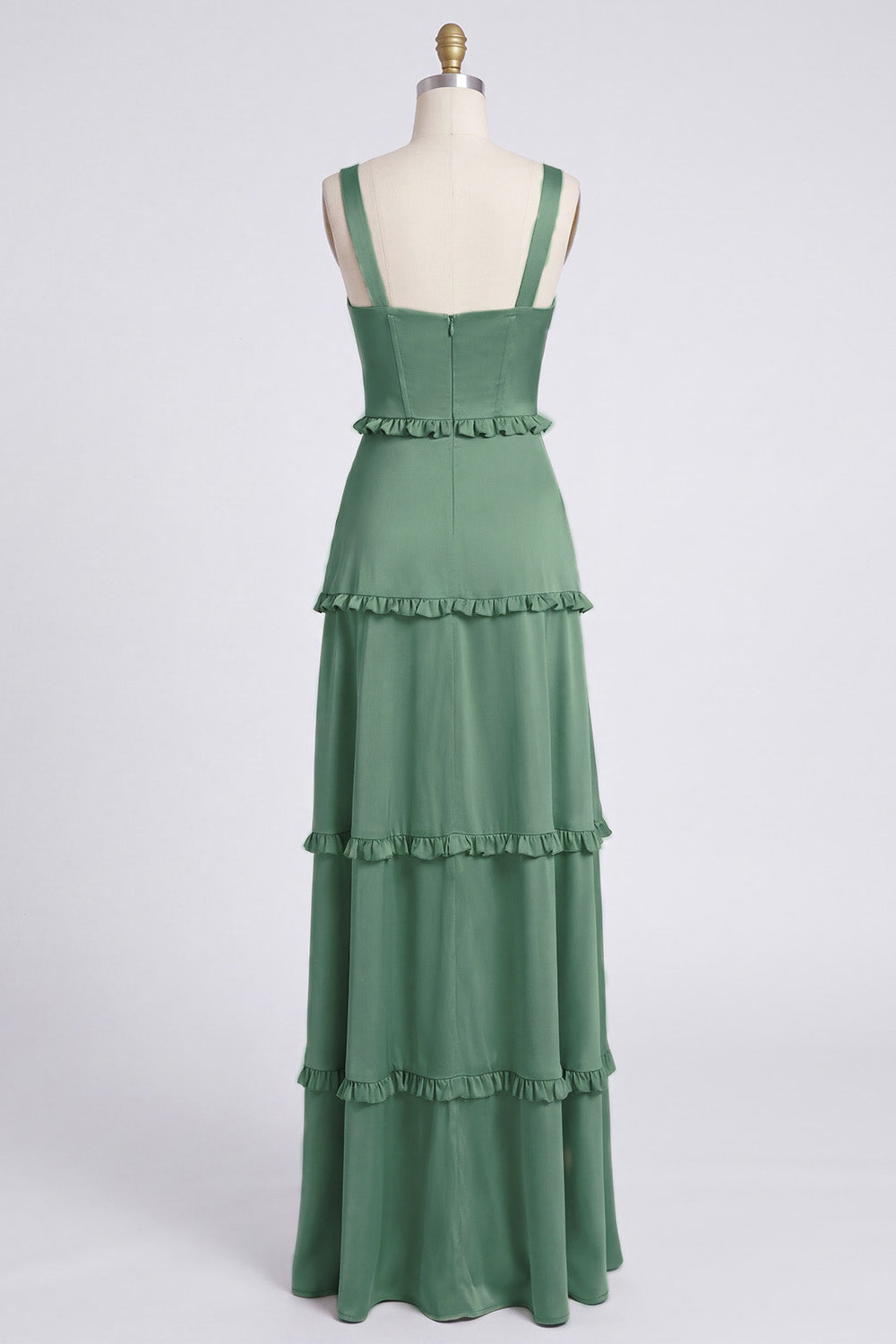 Dusty Sage Thick Straps Satin A-Line Ruffled Long Bridesmaid Dress with Slit