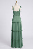 Dusty Sage Thick Straps Satin A-Line Ruffled Long Bridesmaid Dress with Slit