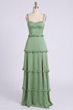 Dusty Sage Thick Straps Satin A-Line Ruffled Long Bridesmaid Dress with Slit