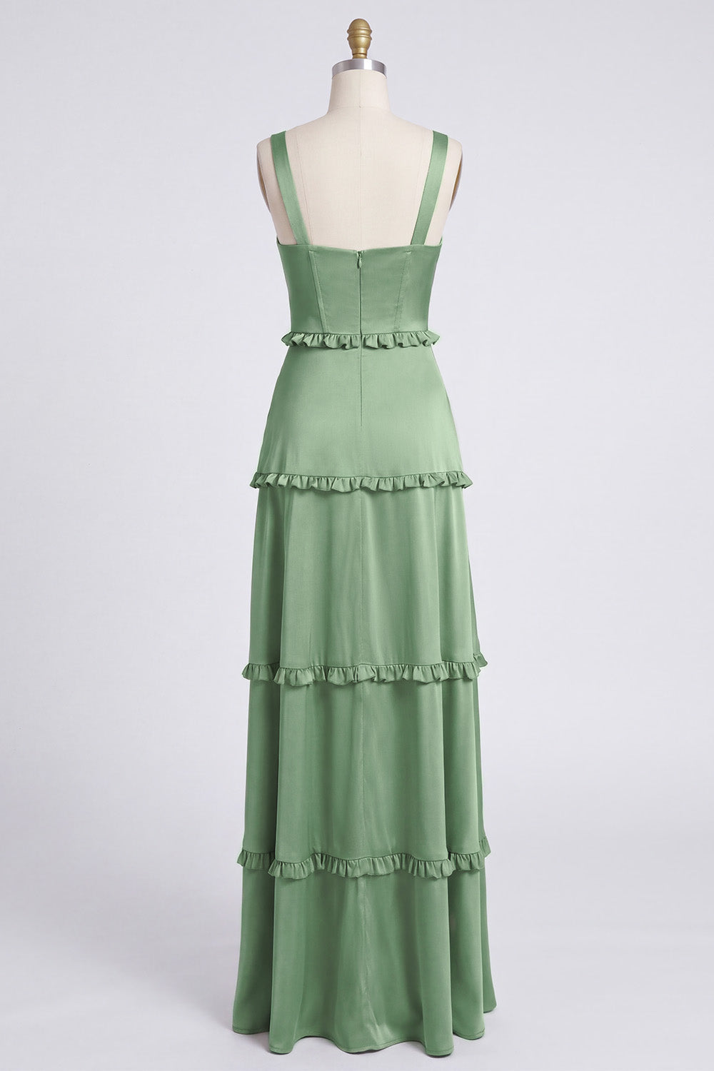 Dusty Sage Thick Straps Satin A-Line Ruffled Long Bridesmaid Dress with Slit