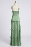 Dusty Sage Thick Straps Satin A-Line Ruffled Long Bridesmaid Dress with Slit