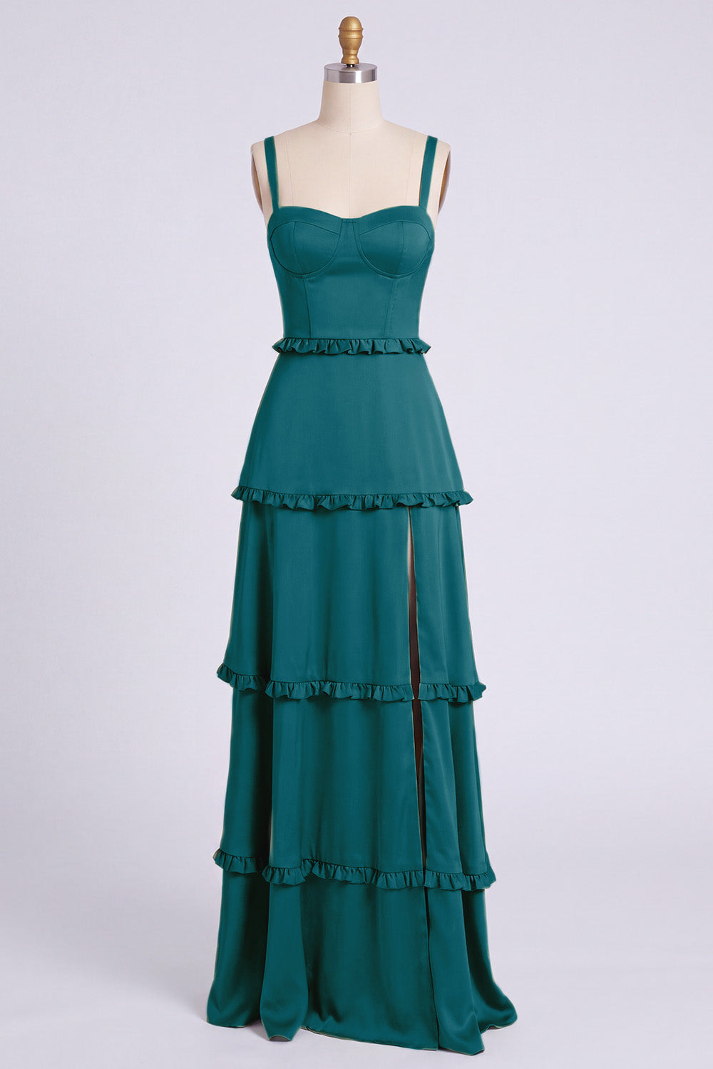 Dusty Sage Thick Straps Satin A-Line Ruffled Long Bridesmaid Dress with Slit