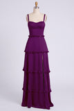Dusty Sage Thick Straps Satin A-Line Ruffled Long Bridesmaid Dress with Slit