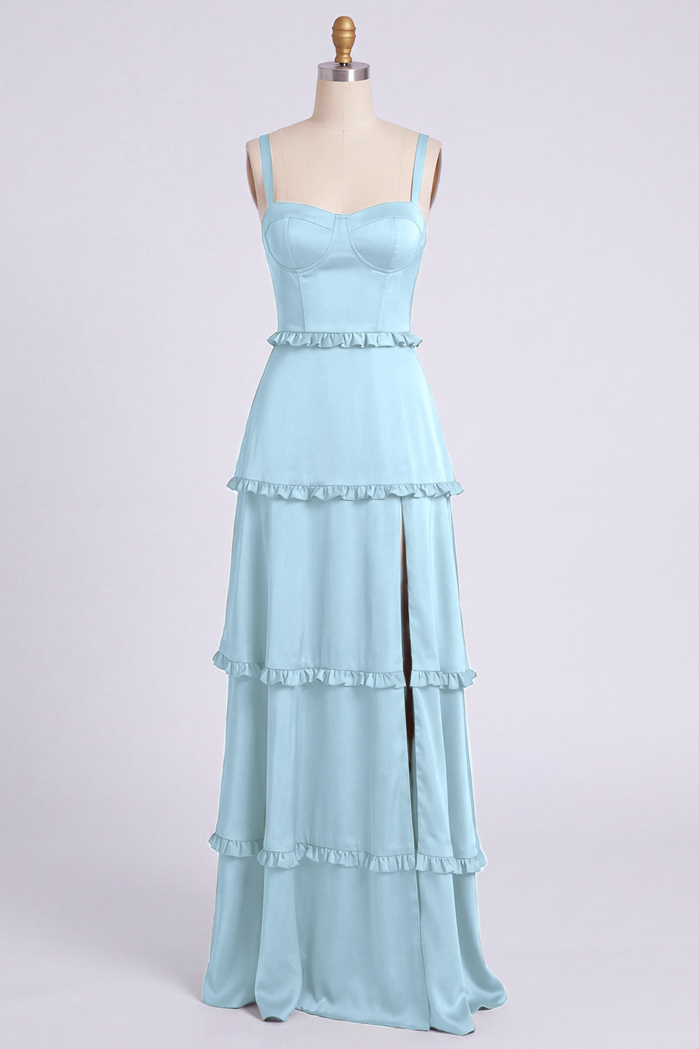 Dusty Sage Thick Straps Satin A-Line Ruffled Long Bridesmaid Dress with Slit