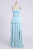 Dusty Sage Thick Straps Satin A-Line Ruffled Long Bridesmaid Dress with Slit