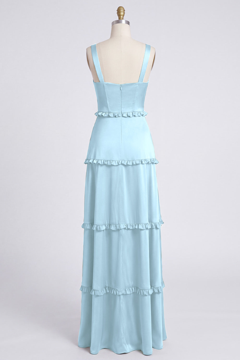 Dusty Sage Thick Straps Satin A-Line Ruffled Long Bridesmaid Dress with Slit