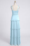 Dusty Sage Thick Straps Satin A-Line Ruffled Long Bridesmaid Dress with Slit