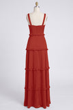 Dusty Sage Thick Straps Satin A-Line Ruffled Long Bridesmaid Dress with Slit