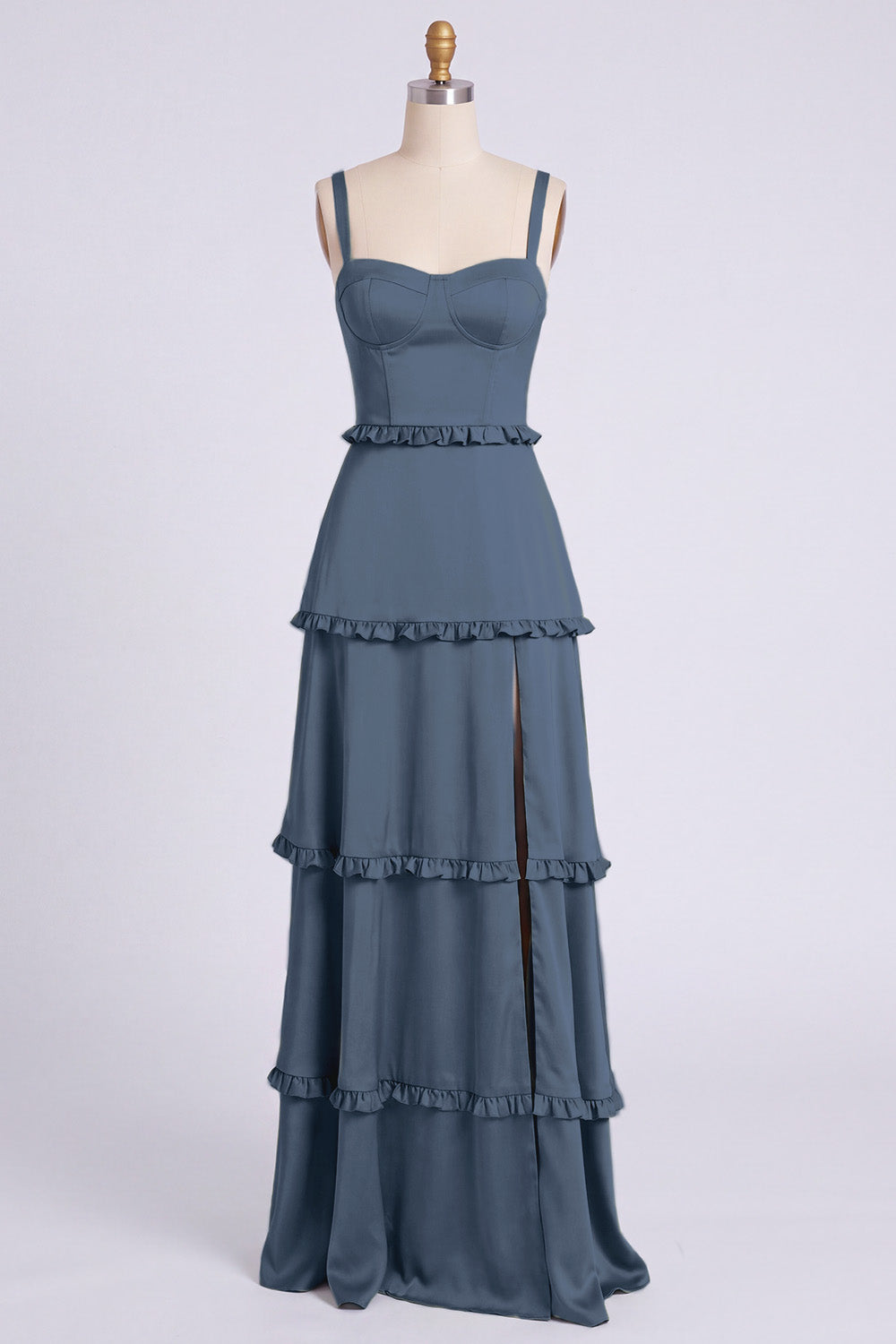 Dusty Sage Thick Straps Satin A-Line Ruffled Long Bridesmaid Dress with Slit