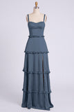 Dusty Sage Thick Straps Satin A-Line Ruffled Long Bridesmaid Dress with Slit