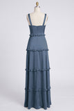 Dusty Sage Thick Straps Satin A-Line Ruffled Long Bridesmaid Dress with Slit