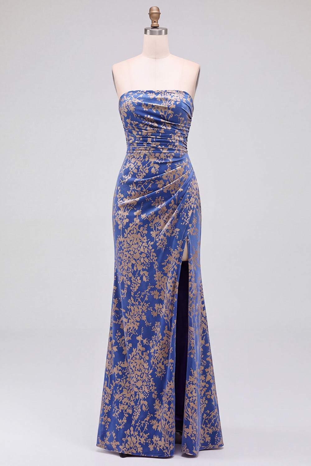 Strapless Mermaid Blue Floral Velvet Ruched Long Holiday Party Dress with Slit