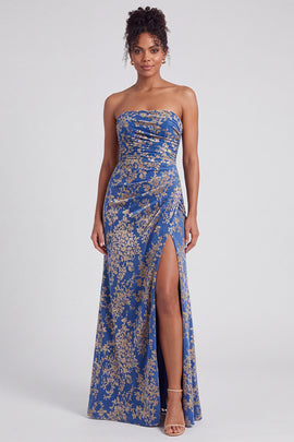 Strapless Mermaid Blue Floral Velvet Ruched Long Holiday Party Dress with Slit