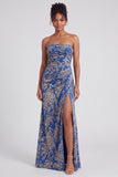 Strapless Mermaid Blue Floral Velvet Ruched Long Holiday Party Dress with Slit