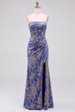 Strapless Mermaid Blue Floral Velvet Ruched Long Holiday Party Dress with Slit