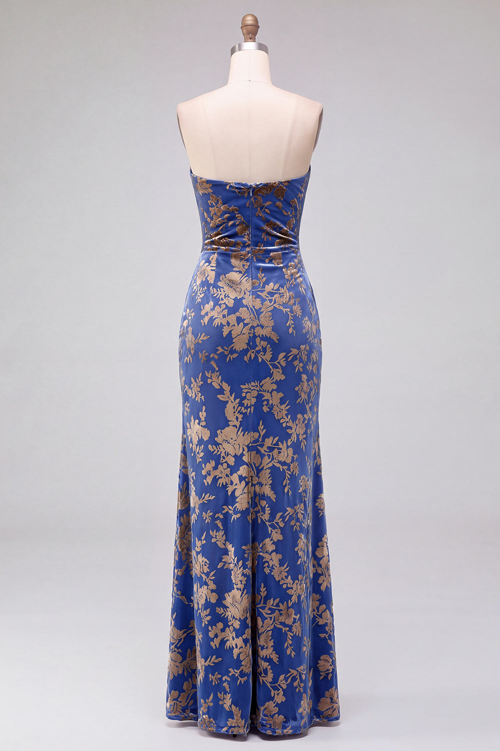 Strapless Mermaid Blue Floral Velvet Ruched Long Holiday Party Dress with Slit