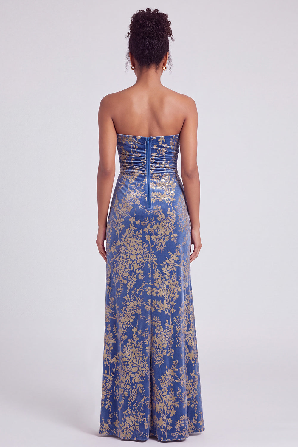 Strapless Mermaid Blue Floral Velvet Ruched Long Holiday Party Dress with Slit