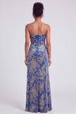 Strapless Mermaid Blue Floral Velvet Ruched Long Holiday Party Dress with Slit