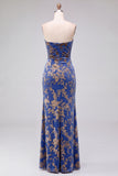 Strapless Mermaid Blue Floral Velvet Ruched Long Holiday Party Dress with Slit