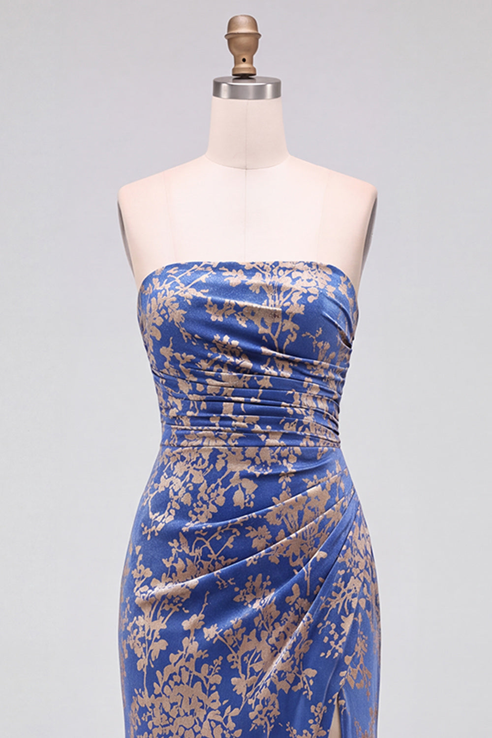 Strapless Mermaid Blue Floral Velvet Ruched Long Holiday Party Dress with Slit